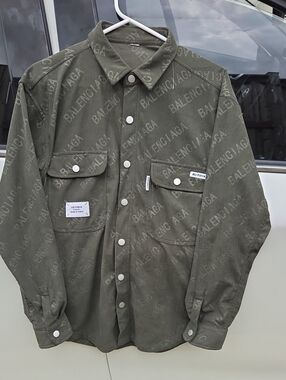 Balenciaga Men's Olive Logo Corduroy Button-Down Shirt